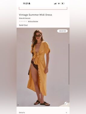 Free People Deep Sunshine Yellow Tie-Front Midi Spring Casual or cover up Dress